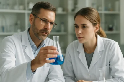 Két kutató kémiai kísérletet végez egy laboratóriumban.