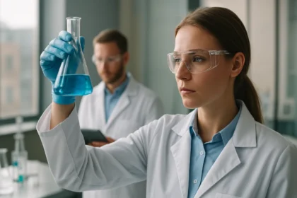 Kémiai laboratóriumban női tudós kék oldatot vizsgál egy lombikban.