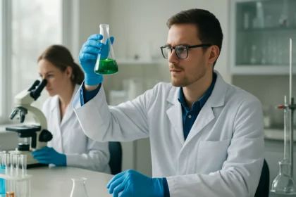 Laboratóriumi kutató n-kapril-alkohollal végzi a kísérleteket.