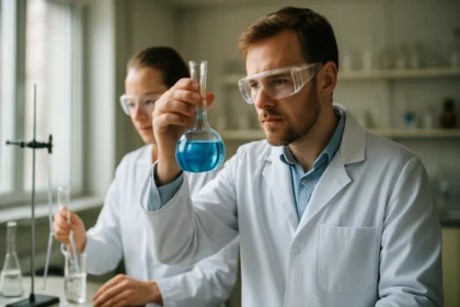 Kémikusok laboratóriumi kísérletet végeznek üvegedényekkel.