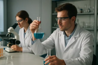 Két kémikus dolgozik egy laboratóriumban, miközben kémiai kísérleteket végeznek.