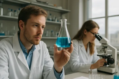 Két kémikus laboratóriumban dolgozik, n-oktil-alkoholt elemezve.