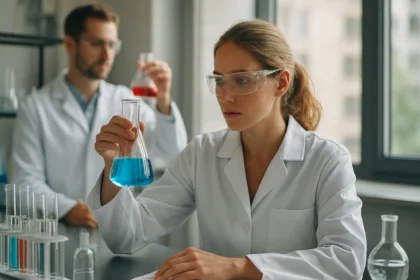 Kémiai kísérlet során, metil-acetát oldószert vizsgáló kutatók.