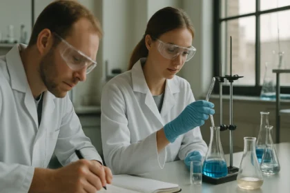 Kémiai kísérlet fiatal kutatókkal laboratóriumban