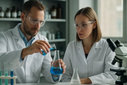 Két kutató laboratóriumban norkamfén kémiai elemzésen dolgozik.