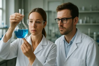 Két kutató kémiai kísérletet végez egy laboratóriumban.