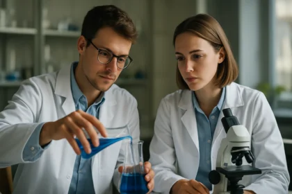 Két kémikus laboratóriumi kísérletet végez, kék folyadékokkal.