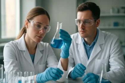 Két kutató laboratóriumban vizsgálja a kémiai anyagokat.