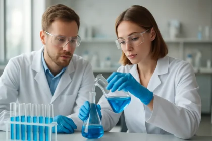 Két kutató laborban kémiai reakciót tanulmányoz