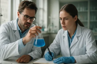 Két kutató laboratóriumban, vajsav kutatás közben, kék folyadékkal.