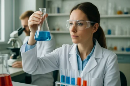 Kémikus laboratóriumban kék oldatot vizsgál.