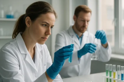 Két tudós laboratóriumban végzi a kémiai elemzést