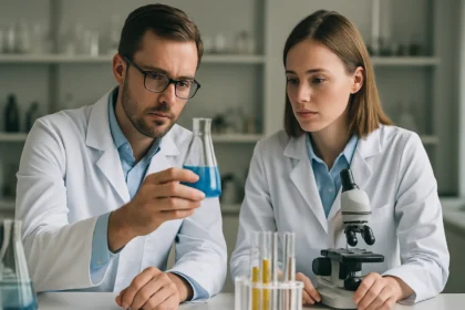 Két kutató laboratóriumban különböző vegyületeket vizsgál.