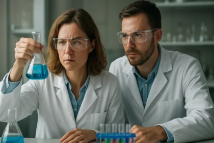 Két vegyész laboratóriumban, kék folyadékkal teli lombik felett