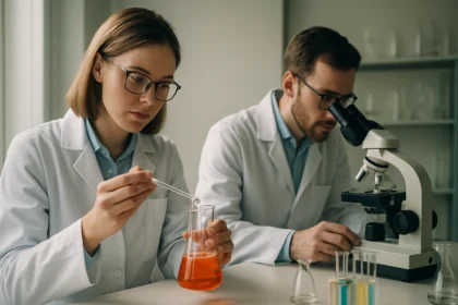 Két kutató laboratóriumban, metil-alkohollal dolgozik