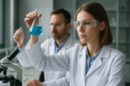 Kémiai laboratóriumban oltott kopolimereket vizsgáló tudósok.