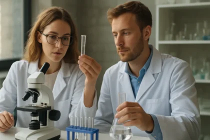 Két kémikus elemzi az oktadekánsavat laboratóriumban.