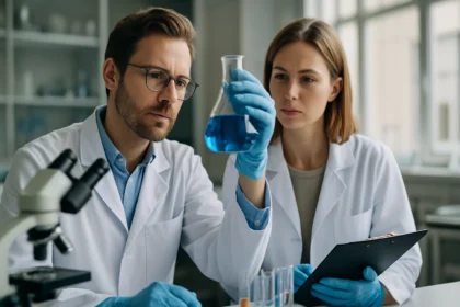 Két kutató laboratóriumban, kémiai vizsgálatot végeznek.