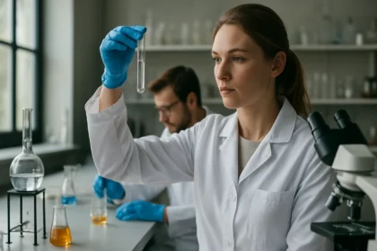 Kémikus nő laboratóriumban, vizsgálja a tesztcsövet