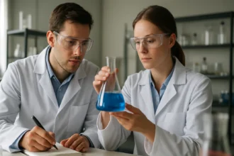 Két kutató laboratóriumban, kémcsővel és jegyzetfüzettel, az oktán izomereit tanulmányozzák.