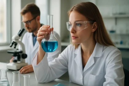 Laboratóriumi kísérlet oktán-1-ollal. Kék folyadék