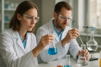 Két kutató laboratóriumban dolgozik kémiai kísérleteken.