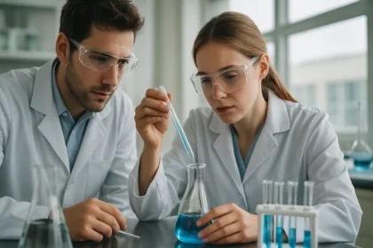 Két tudós laboratóriumban kémiai kísérletet végeznek.