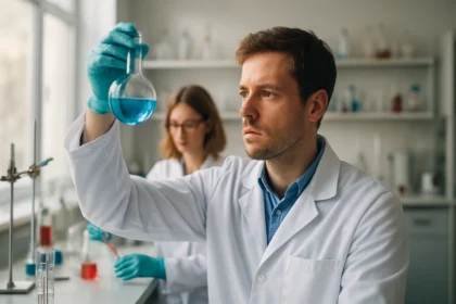 Kémiai kísérlet az oktil-gallát vizsgálatával laboratóriumban.