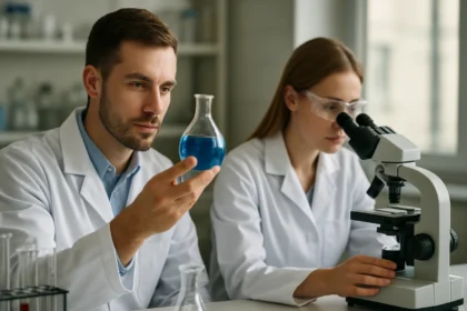 Két tudós kémiai vizsgálatot végez egy laboratóriumban.