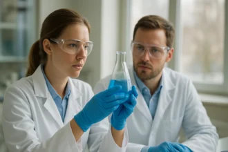 Két tudós laboratóriumban, metil-aminnal kapcsolatos kísérletet végezve.