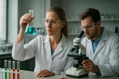 Kémiai kísérlet folyamat közben, olajsav vizsgálata laboratóriumban.