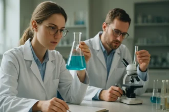 Kémiai reakciókat vizsgáló tudósok egy laboratóriumban