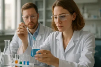 Laboratóriumi kísérletezők oldószerkedvelő anyagokat vizsgálnak.