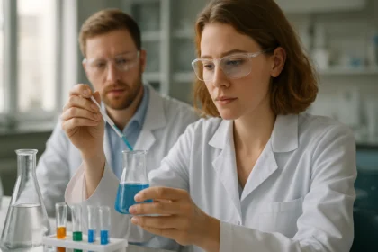 Laboratóriumi kísérletezők oldószerkedvelő anyagokat vizsgálnak.