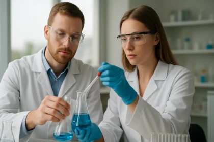 Két tudós kémiai kísérletet végez a laborban, oldószereket használva.