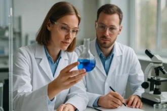 Két kutató laboratóriumban, kék folyadékkal teli lombikra figyelve.