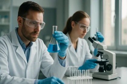 Két kutató laboratóriumi kísérletezés közben, kémcsövekkel és mikroszkóppal.