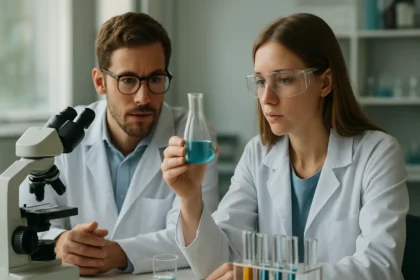 Két kutató laboratóriumban, ólmozatlan benzin kémiai elemzése közben.