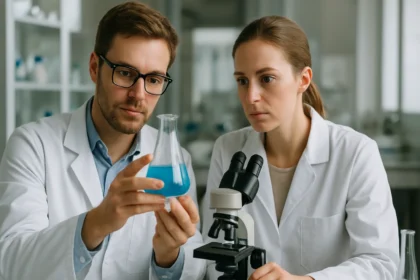 Két tudós kémcsövet vizsgál egy laboratóriumban.