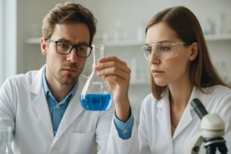 Két kutató laboratóriumban kémiai kísérletet végez, kék oldatot vizsgálva.