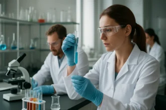 Kémiai laboratóriumi vizsgálat metollal - női tudós