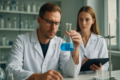 Két kutató laboratóriumi környezetben ólom-dioxiddal kísérletezik.