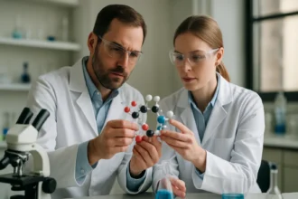 Két tudós laboratóriumban ólom(IV)-etanoát molekulát vizsgálva.