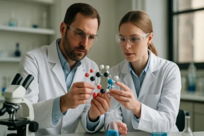 Két tudós laboratóriumban ólom(IV)-etanoát molekulát vizsgálva.