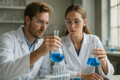 Két kémikus laboratoratóriumi kísérletet végez kék folyadékkal