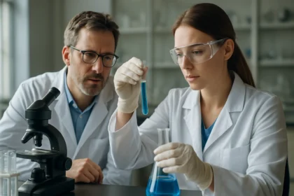 Két kutató laboratóriumban ólom-karbonát vizsgálatának pillanatai.