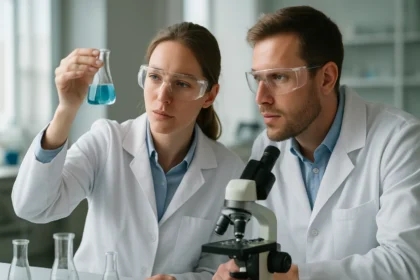 Két kutató metil-benzoátot elemez laboratóriumban