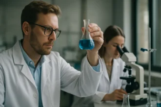 Kémikus laborban, ólommentes benzin vizsgálata kék folyadékkal