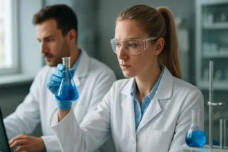 Két kémikus laboratóriumi munkát végez, kémcsővel a kezükben.