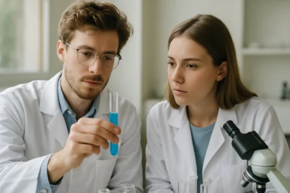 Tudósok laborban, ólom(IV)-oxid vizsgálata kémiai elemzéshez.